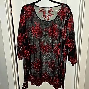 Catherines Plus Size 2X Gorgeous Sheer Black Tunic with Red embroidery & sequins
